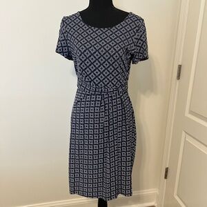 Talbots Navy & White Small Print Stretch Knit Pull-On Short Sleeve Dress Size 8